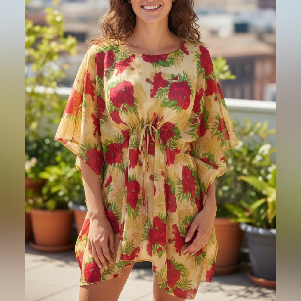 California Woman Floral Tan & Red Floral Free Size Top or Swimsuit Coverup NWT